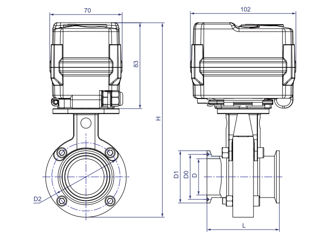 KLD200 Motorized Butterfly Valve for Fast Assembled (Sanitary Standard) Dimensions KLD200 Motorized Butterfly Valve for Fast Assembled (Sanitary Standard) Dimensions