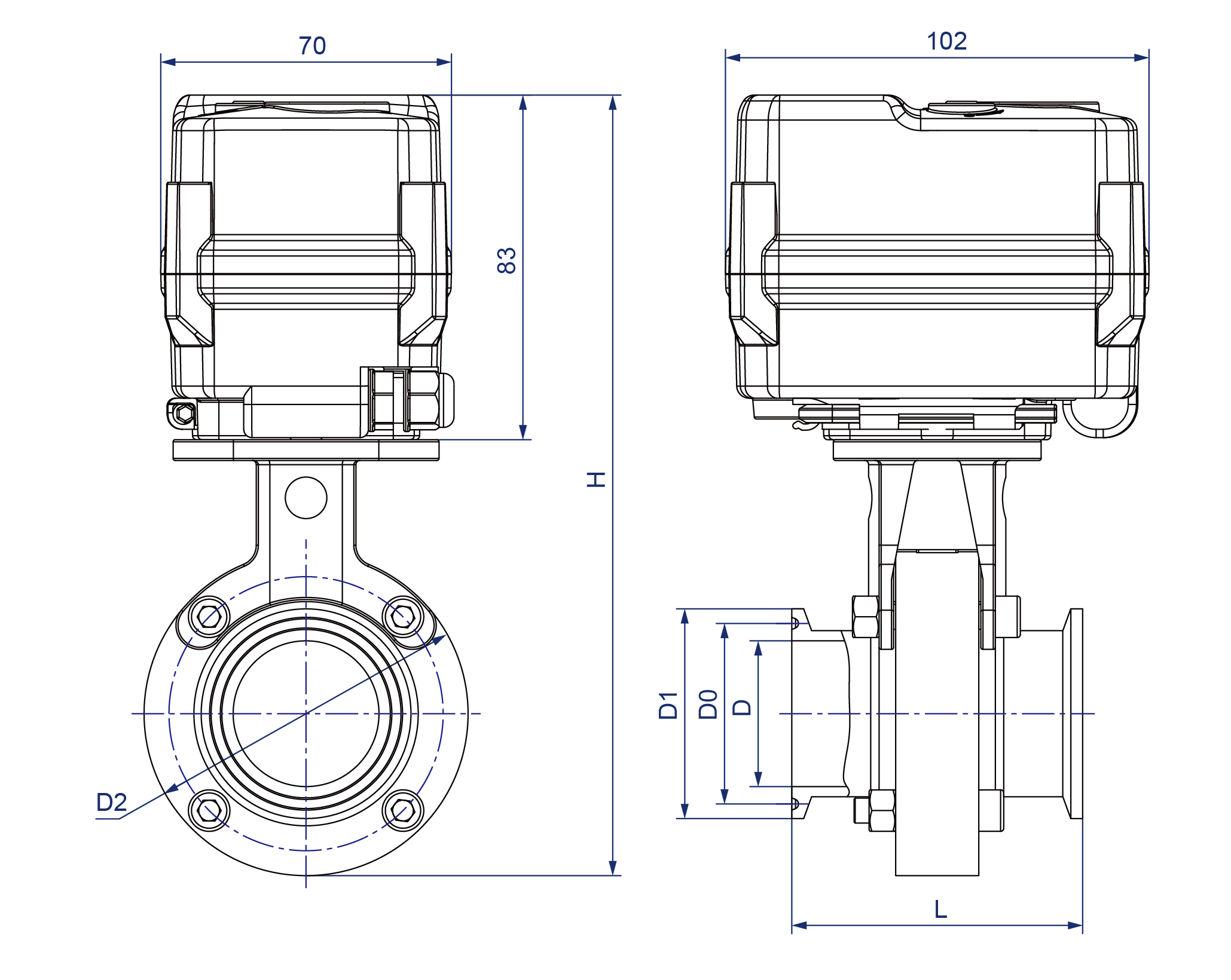 KLD200 Motorized Butterfly Valve for Fast Assembled (Sanitary Standard) Dimensions 200