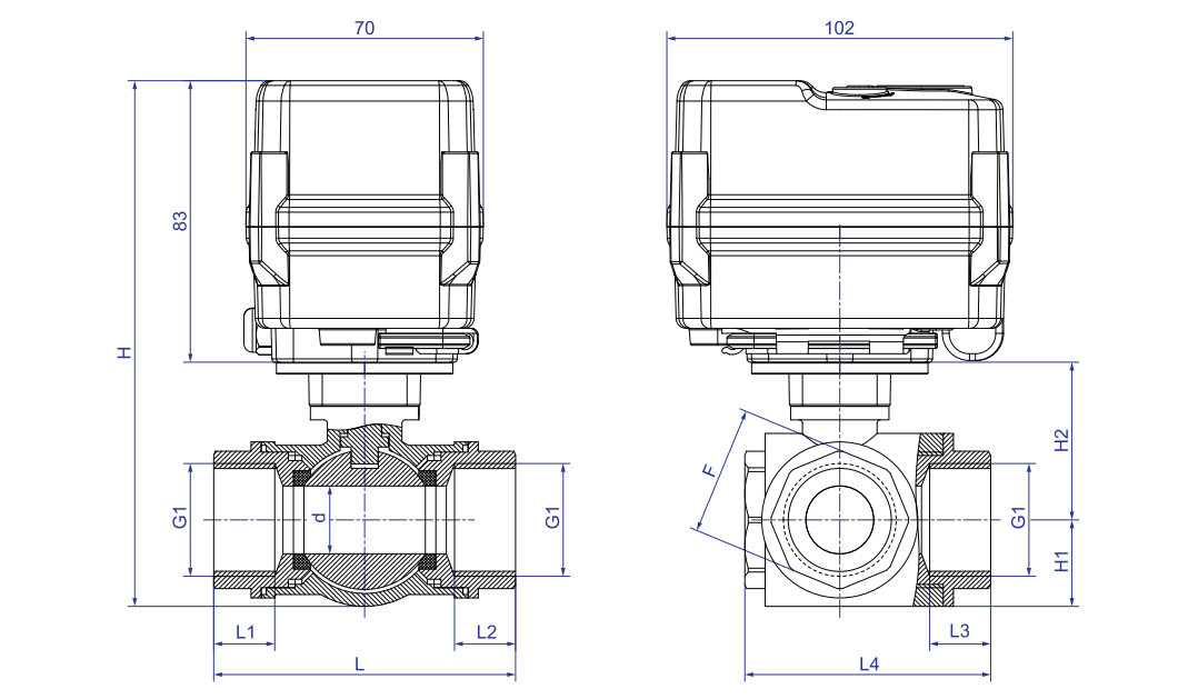 KLD200 3-Way Motorized Ball Valve Dimensions
