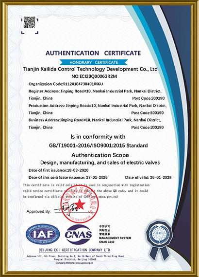 ISO9001 Certification for Motorized Valve Design, Manufacturing, and Sales